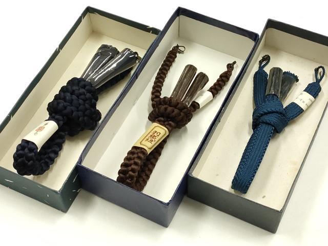 平和屋着物▼男性　和装小物　羽織紐まとめて3点　平組・丸組　紺・茶・青色系　切り房・撚り房　逸品　AABJ9519ay