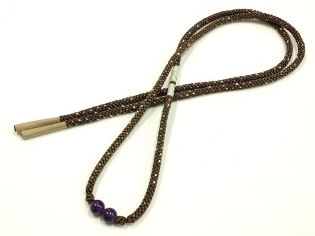 平和屋着物▼和装小物　上質な帯締め　帯留め付き　天然石　銀糸　正絹　逸品　未使用　AABJ9543ay