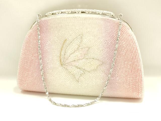 平和屋着物▼和装小物　和装バッグ　ハンドバッグ　ELEGANZA　ビーズバッグ　チェーンバッグ　蝶　ラインストーン　逸品　AABJ9583ay