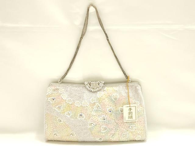 平和屋着物▼和装小物　和装バッグ　ハンドバッグ　ビーズバッグ　手刺繍　孔雀羽　ラインストーン　逸品　未使用　AABJ9587ay