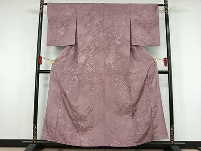 平和屋着物▽上質な小紋　単衣　草花文　銀通し地　正絹　逸品　AABJ9611jh
