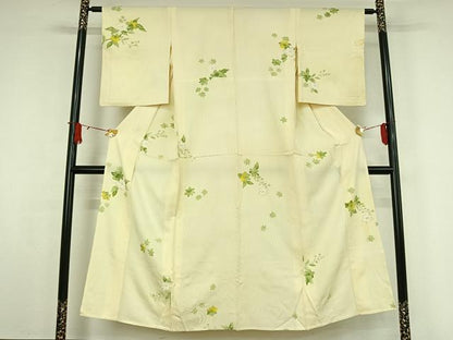 平和屋着物▽上質な小紋　単衣　手描き　草花文　正絹　逸品　AABJ9612jh
