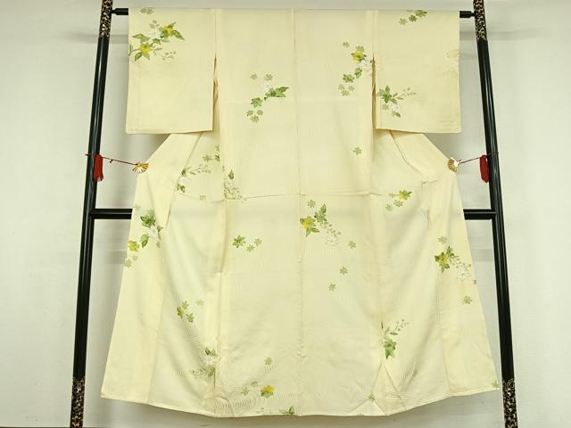 平和屋着物▽上質な小紋　単衣　手描き　草花文　正絹　逸品　AABJ9612jh