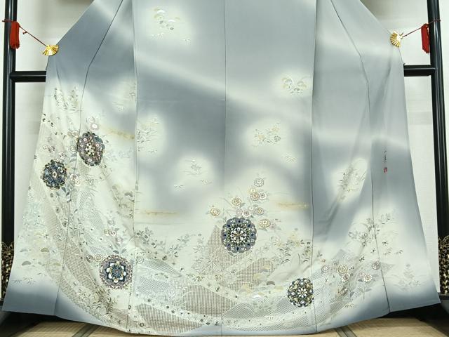 平和屋着物▽一真工房 加藤一真 風彩染 訪問着 単衣 中国三大刺繍 汕頭刺繍 スワトウ刺繍 総刺繍 正倉院花文 金糸 金彩 逸品 AABJ9614jh