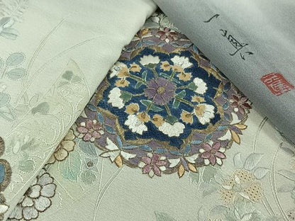 平和屋着物▽一真工房 加藤一真 風彩染 訪問着 単衣 中国三大刺繍 汕頭刺繍 スワトウ刺繍 総刺繍 正倉院花文 金糸 金彩 逸品 AABJ9614jh