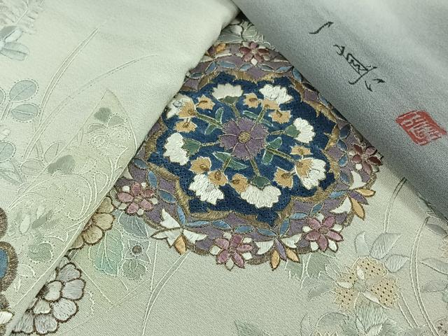 平和屋着物▽一真工房 加藤一真 風彩染 訪問着 単衣 中国三大刺繍 汕頭刺繍 スワトウ刺繍 総刺繍 正倉院花文 金糸 金彩 逸品 AABJ9614jh