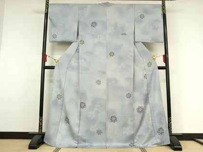 平和屋着物▽上質な小紋　単衣　手描き　舞花文　暈し染め　正絹　逸品　AABJ9615jh