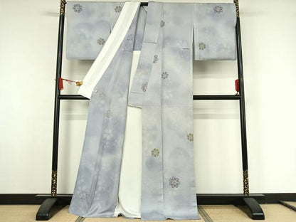 平和屋着物▽上質な小紋　単衣　手描き　舞花文　暈し染め　正絹　逸品　AABJ9615jh