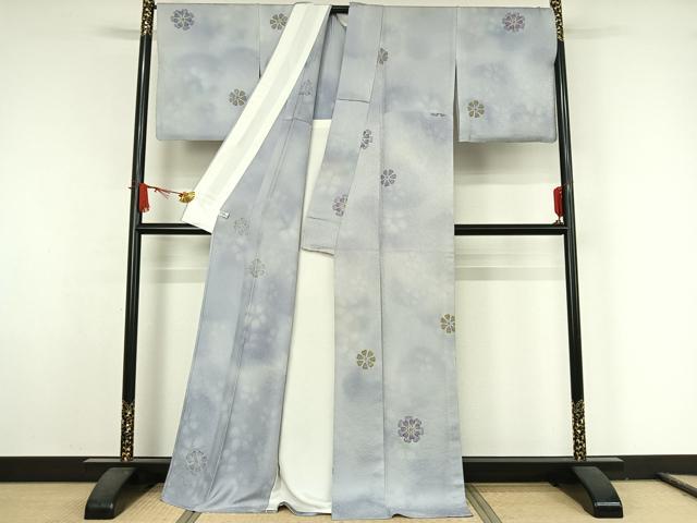 平和屋着物▽上質な小紋　単衣　手描き　舞花文　暈し染め　正絹　逸品　AABJ9615jh