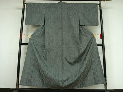 平和屋着物▽上質な紬　単衣　幾何学文様　正絹　逸品　AABJ9617jh