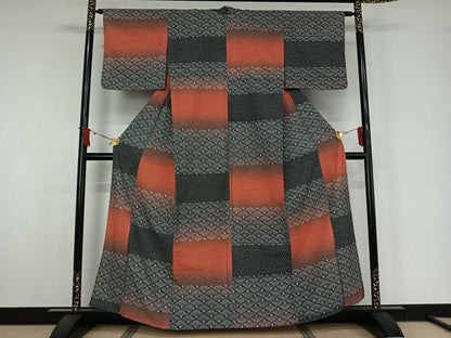 平和屋着物▽小紋　単衣　横段花文　洗える着物　AABJ9618jh