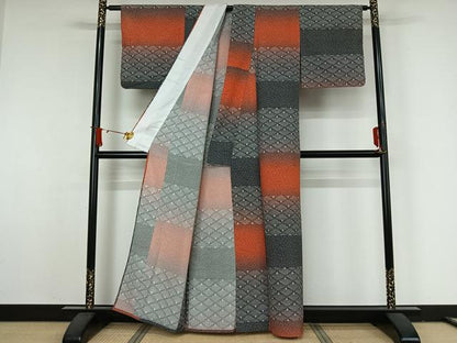 平和屋着物▽小紋　単衣　横段花文　洗える着物　AABJ9618jh