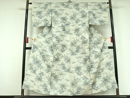 平和屋着物▽上質な紬　単衣　風景文　正絹　逸品　AABJ9627jh