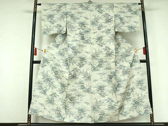 平和屋着物▽上質な紬　単衣　風景文　正絹　逸品　AABJ9627jh