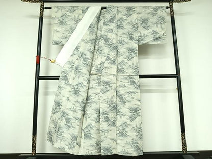平和屋着物▽上質な紬　単衣　風景文　正絹　逸品　AABJ9627jh