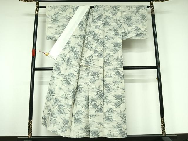 平和屋着物▽上質な紬　単衣　風景文　正絹　逸品　AABJ9627jh