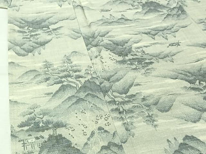 平和屋着物▽上質な紬　単衣　風景文　正絹　逸品　AABJ9627jh