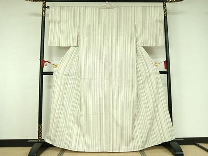平和屋着物▽上質な紬　単衣　縞　正絹　逸品　AABJ9628jh