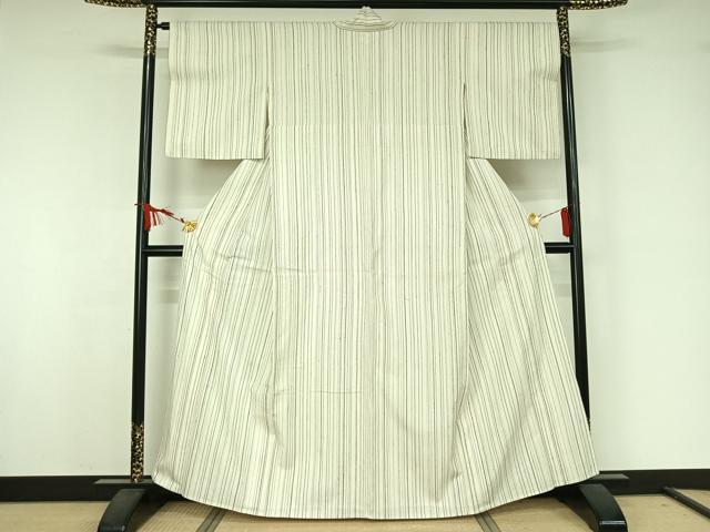 平和屋着物▽上質な紬　単衣　縞　正絹　逸品　AABJ9628jh