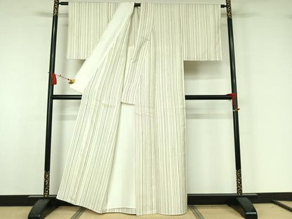 平和屋着物▽上質な紬　単衣　縞　正絹　逸品　AABJ9628jh
