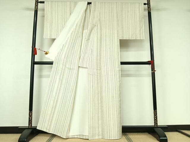 平和屋着物▽上質な紬　単衣　縞　正絹　逸品　AABJ9628jh