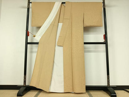 平和屋着物▽無地絵羽訪問着　単衣　横段花丸地紋　丁子色　正絹　逸品　AABJ9631jh