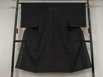 平和屋着物▽男性　お召　単衣　十字絣　黒地　正絹　逸品　AABJ9634jh