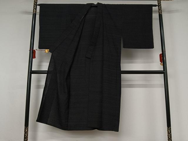平和屋着物▽男性　お召　単衣　十字絣　黒地　正絹　逸品　AABJ9634jh