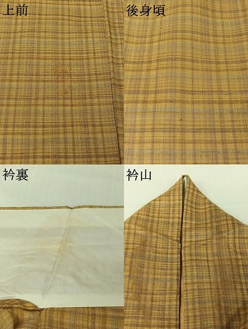 平和屋着物▽上質な紬　単衣　格子　正絹　逸品　AABJ9636jh