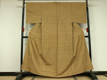 平和屋着物▽上質な紬　単衣　格子　正絹　逸品　AABJ9636jh