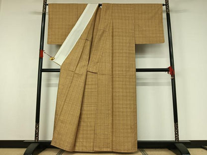 平和屋着物▽上質な紬　単衣　格子　正絹　逸品　AABJ9636jh