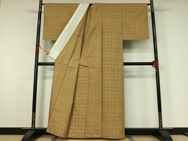平和屋着物▽上質な紬　単衣　格子　正絹　逸品　AABJ9636jh