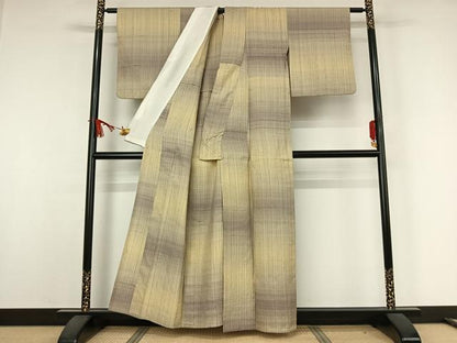 平和屋着物▽生紬　単衣　横段文　正絹　逸品　AABJ9641jh