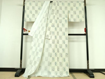 平和屋着物▽小紋　単衣　市松唐草文　ロング丈　洗える着物　AABJ9646jh