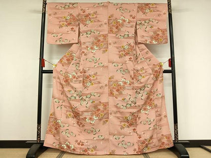 平和屋着物▽小紋　単衣　流水花文　金彩　洗える着物　未使用　AABJ9648jh