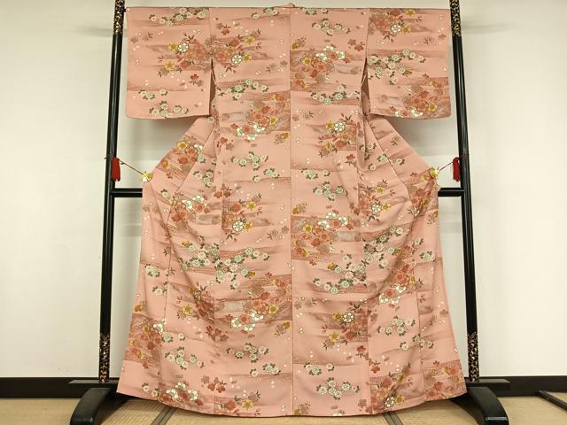 平和屋着物▽小紋　単衣　流水花文　金彩　洗える着物　未使用　AABJ9648jh