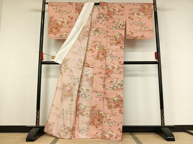 平和屋着物▽小紋　単衣　流水花文　金彩　洗える着物　未使用　AABJ9648jh