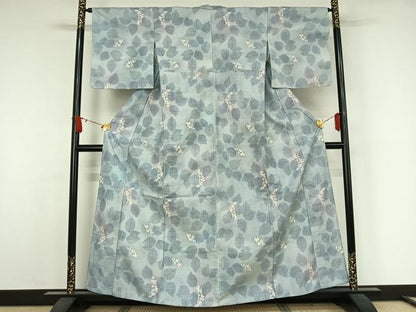 平和屋着物▽小千谷紬　単衣　草葉文　正絹　逸品　AABJ9650jh