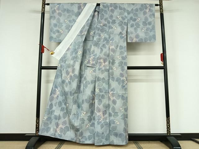 平和屋着物▽小千谷紬　単衣　草葉文　正絹　逸品　AABJ9650jh
