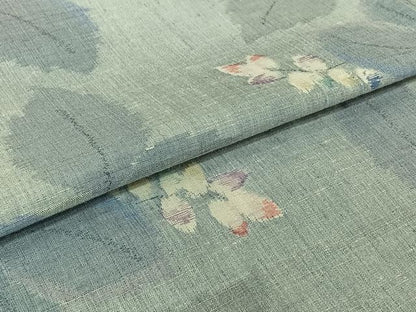 平和屋着物▽小千谷紬　単衣　草葉文　正絹　逸品　AABJ9650jh