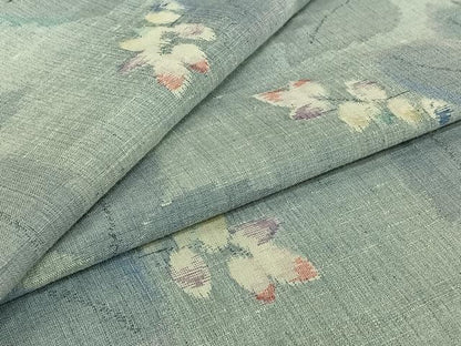 平和屋着物▽小千谷紬　単衣　草葉文　正絹　逸品　AABJ9650jh