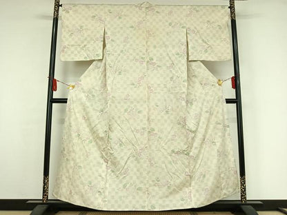 平和屋着物▽上質な紬　単衣　草花文　正絹　逸品　AABJ9651jh