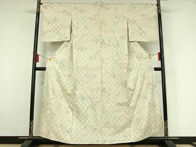平和屋着物▽上質な紬　単衣　草花文　正絹　逸品　AABJ9651jh