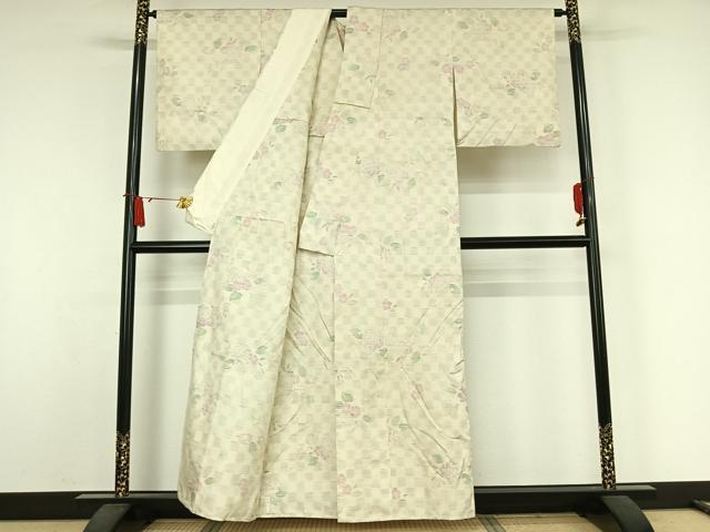 平和屋着物▽上質な紬　単衣　草花文　正絹　逸品　AABJ9651jh