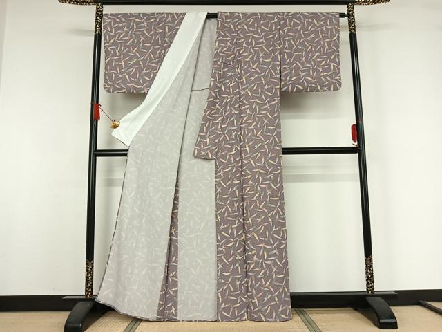 平和屋着物▽小紋　単衣　草葉文　鬼しぼ縮緬　洗える着物　AABJ9652jh