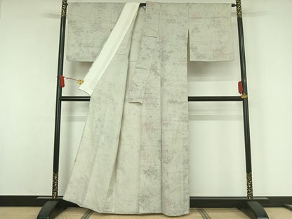 平和屋着物▽生紬　単衣　草花文　反端付き　正絹　逸品　AABJ9658jh