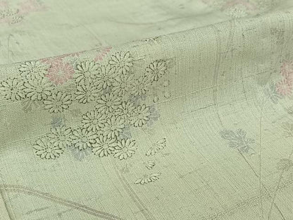平和屋着物▽生紬　単衣　草花文　反端付き　正絹　逸品　AABJ9658jh