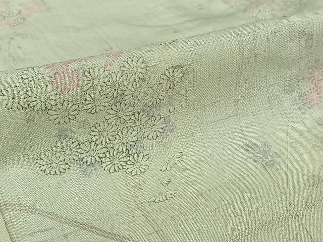 平和屋着物▽生紬　単衣　草花文　反端付き　正絹　逸品　AABJ9658jh