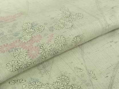 平和屋着物▽生紬　単衣　草花文　反端付き　正絹　逸品　AABJ9658jh
