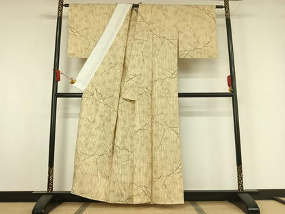 平和屋着物▽上質な紬　単衣　枝葉文　正絹　逸品　AABJ9661jh